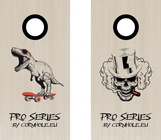 décor détaillé cornhole Pro de compétition deux planches t-rex sur son skate et tête de mort, vue de face