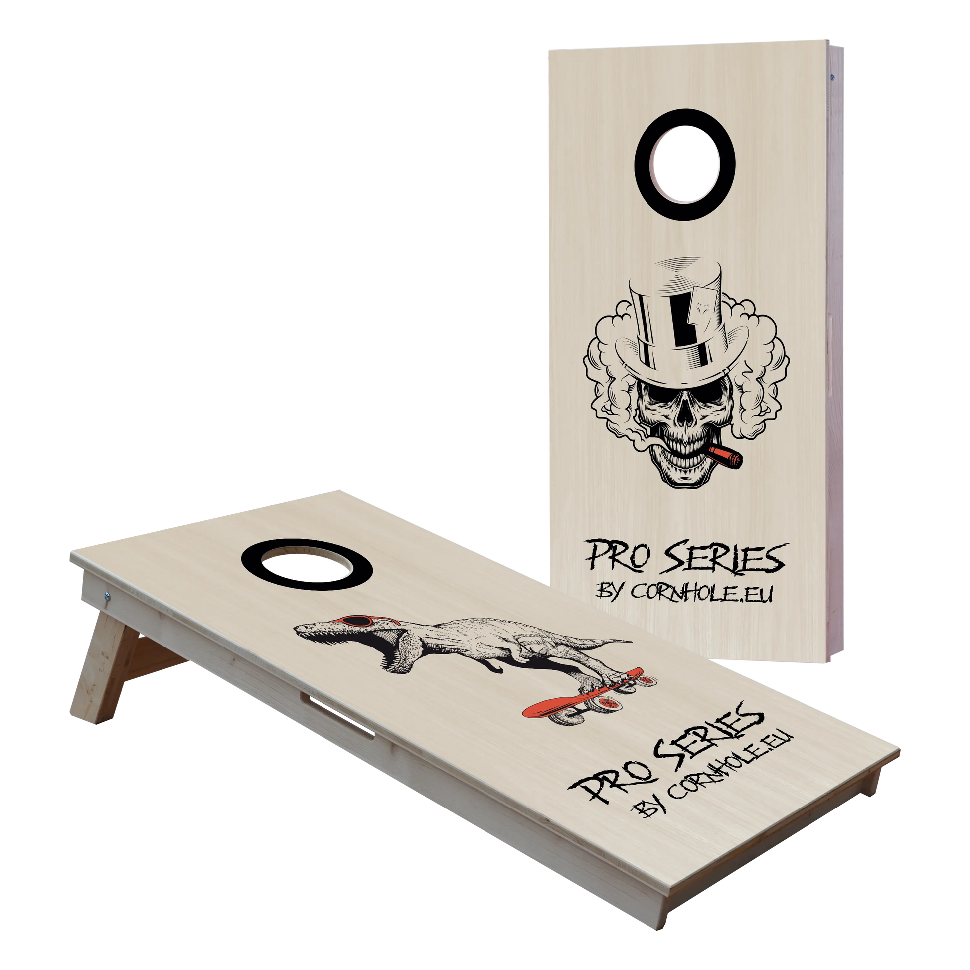 cornhole Pro de compétition deux planches t-rex sur son skate et tête de mort, vue de face
