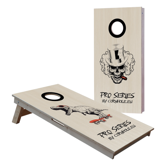 cornhole Pro de compétition deux planches t-rex sur son skate et tête de mort, vue de face
