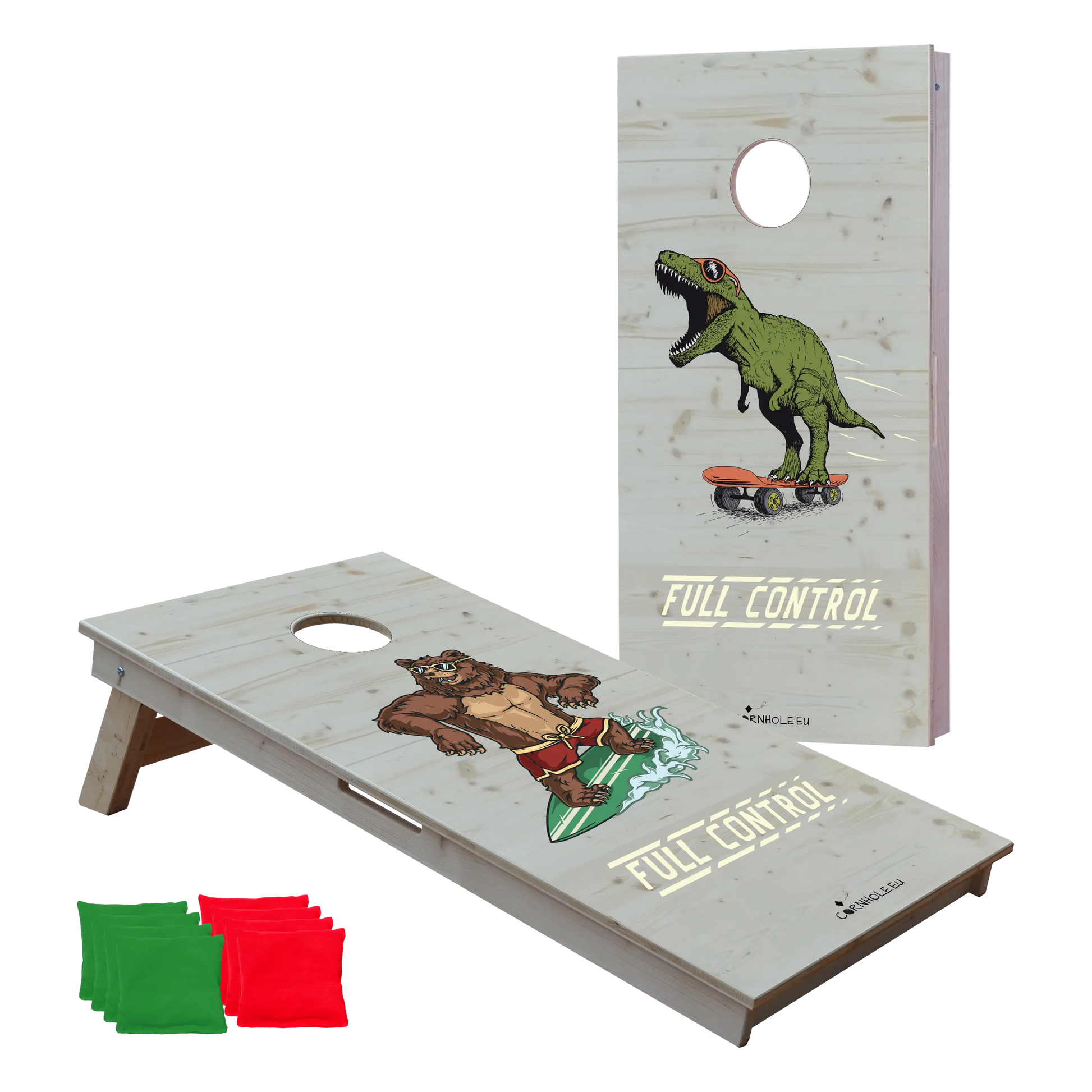 cornhole 2 planches ours surfant une vague et t-rex en skateboard, vue de face