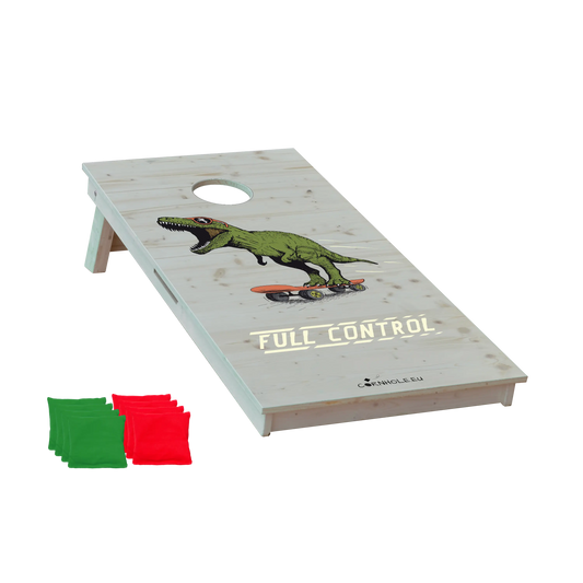 cornhole t-rex à lunettes sur un skateboard, vue de face