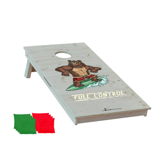 cornhole ours en short de bain sur une planche de surf, vue de face