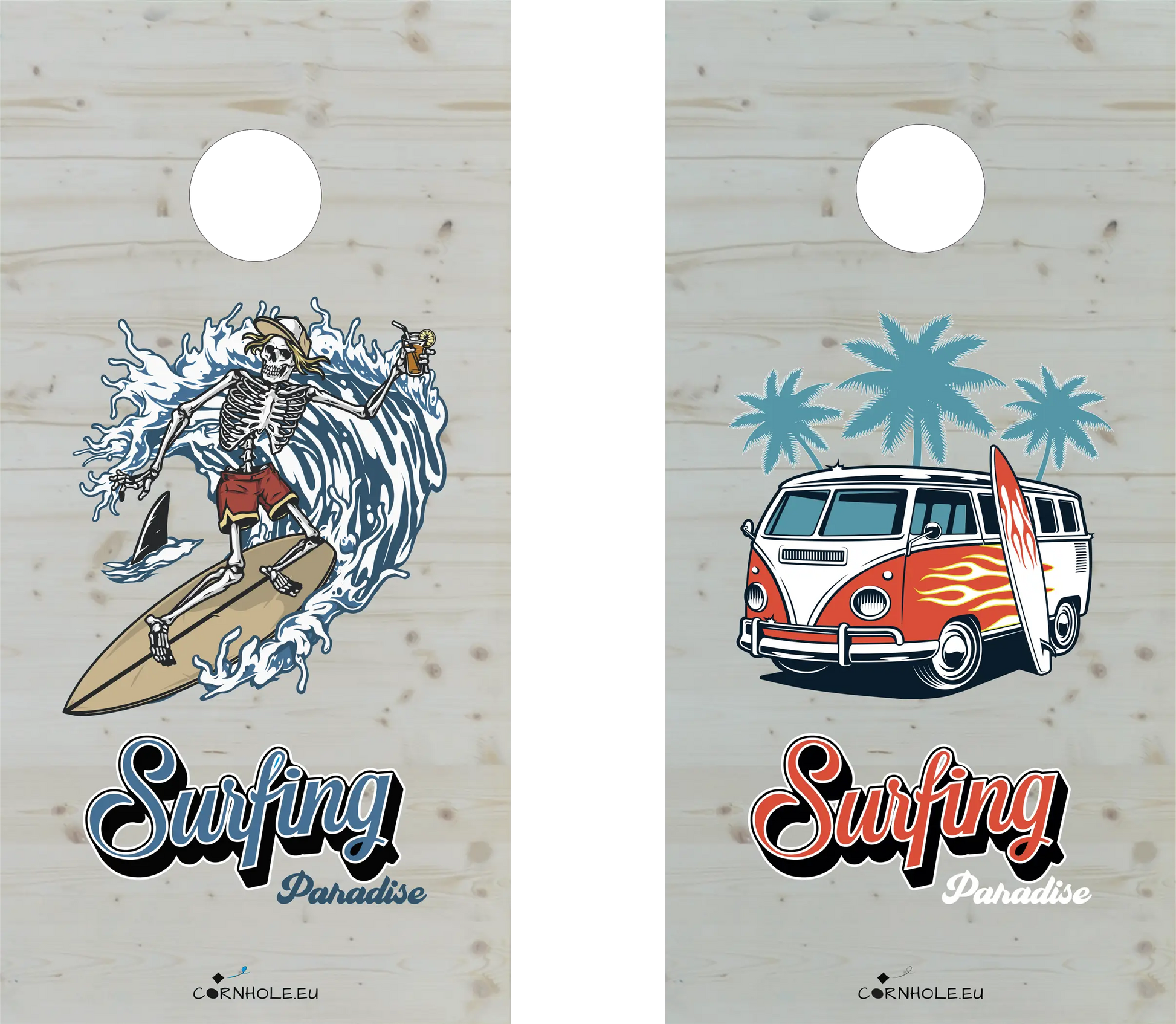 décor détaillé cornhole 2 planches van de surf et squelette surfant une vague, vue de face