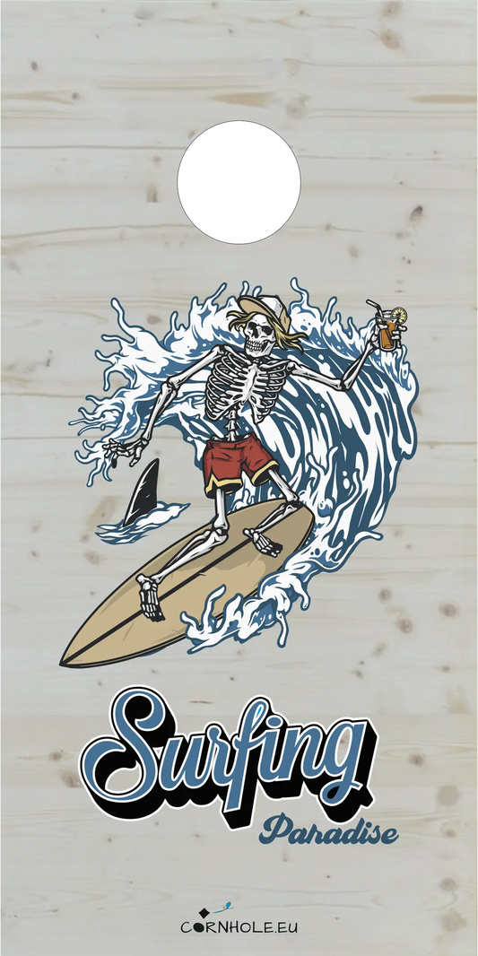 décor détaillé cornhole van de surf et palmiers, vue de face