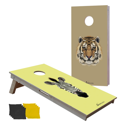 cornhole 2 planches tête de tigre et tête de zèbre, vue de face