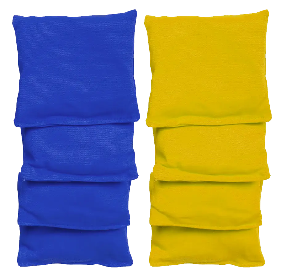 8 sacs de cornhole dans 2 couleurs assorties aux planches, vue de face